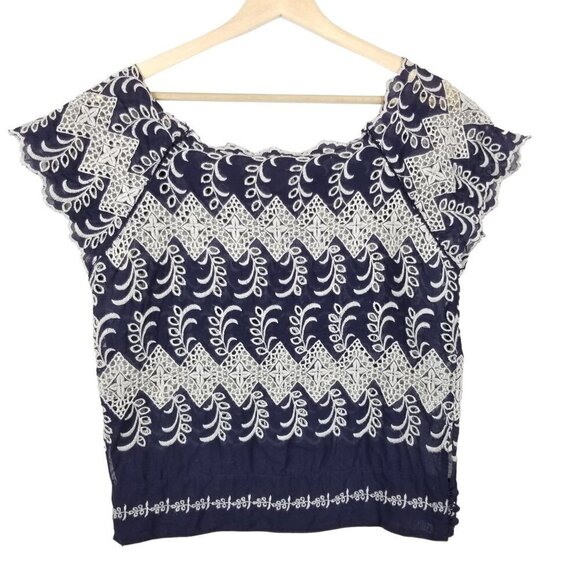 Vanessa Virginia 4 Blue White Eyelet Blouse Wideneck Cap Sleeves Boho Cottage - Picture 1 of 10